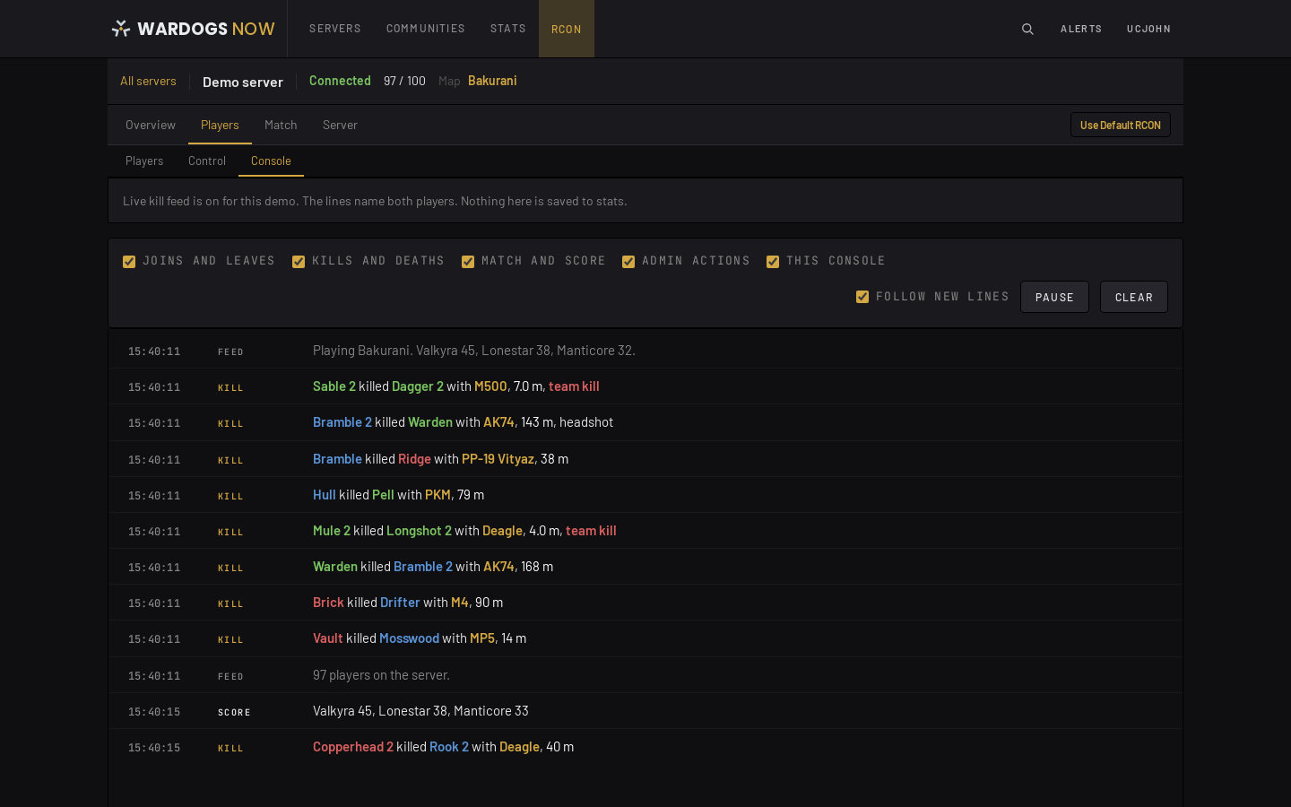 Demo console kill lines with faction colors, gold weapons, white distances, and team kills marked