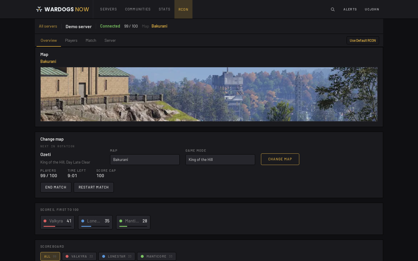 RCON Beta overview on the demo server, with the map and the change map controls underneath