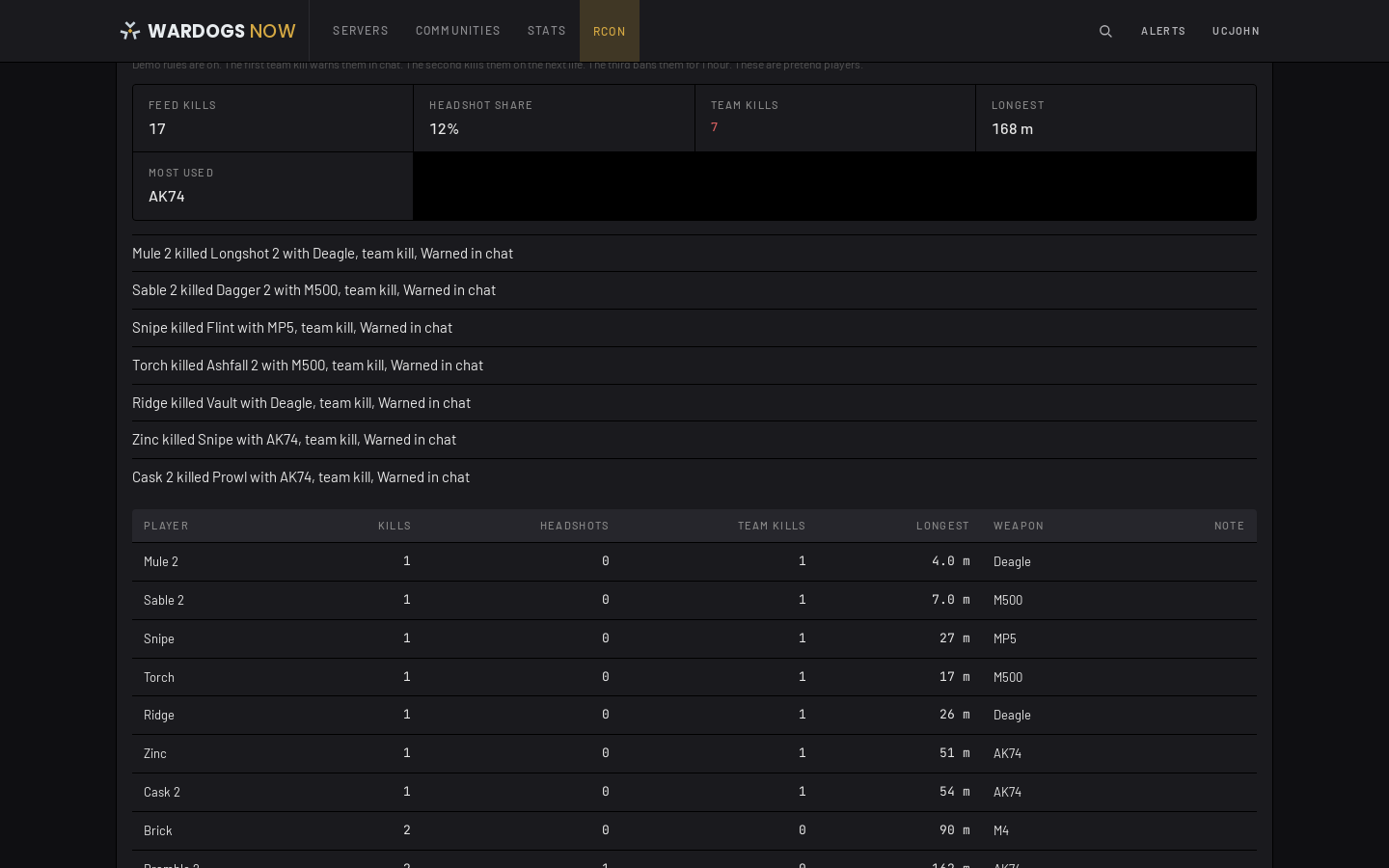 Suspicious activity on the demo, listing same-side kills and the warning that followed