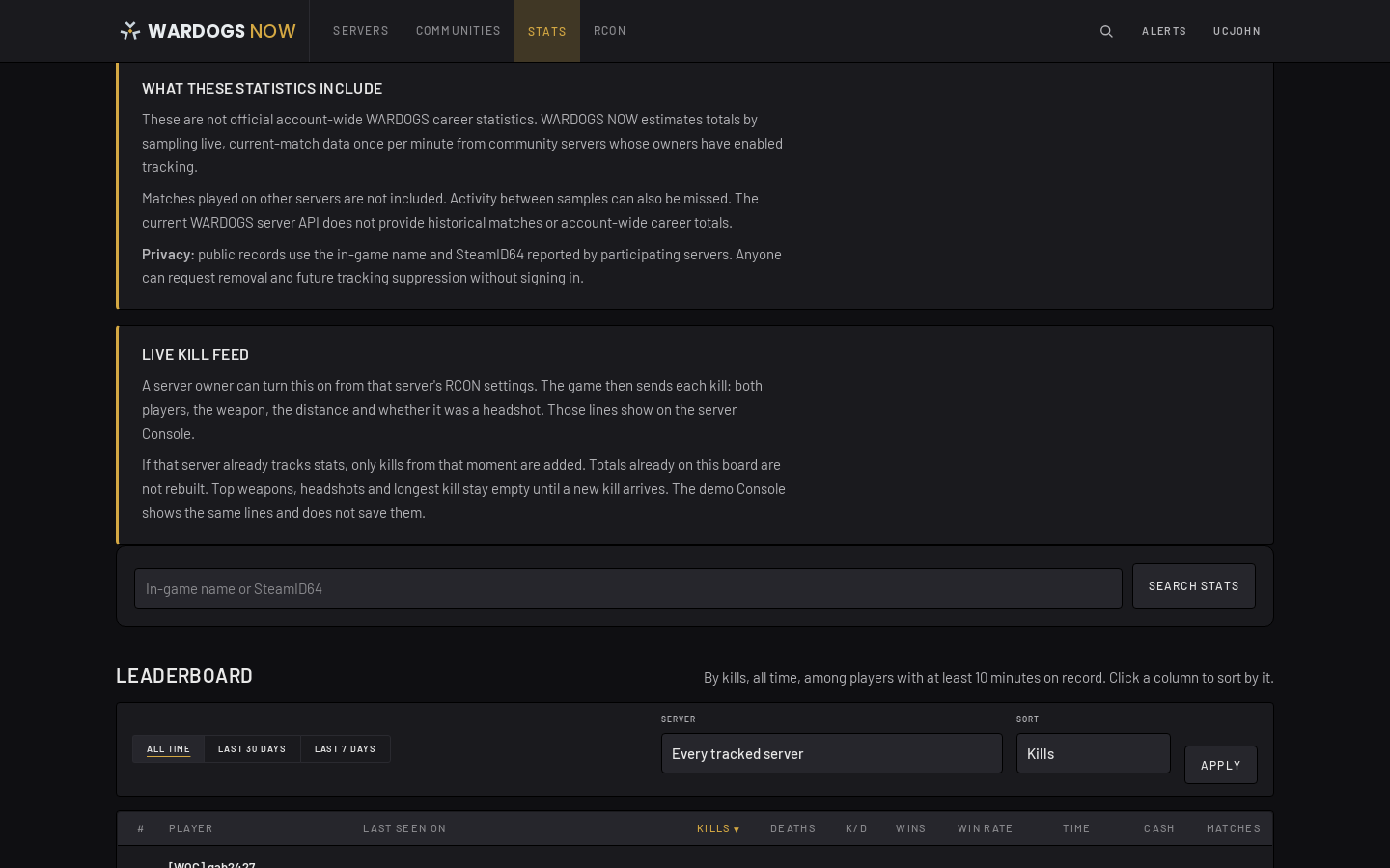 The public stats page explaining what the numbers include and what the live kill feed adds